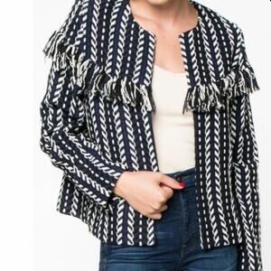 Everly Tweed Fringe Jacket Woven in Blue, Black and White, Size Medium